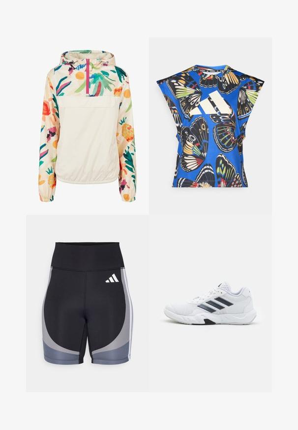 Lengvas, kreminės spalvos megztinis su gėlėmis ryškiomis spalvomis. Savybės: priekinis užtrauktukas, kapišonas ir elastingi rankogaliai, užtikrinantys tvirtą tinkamumą.; Mėlyna trumpomis rankovėmis marškinėliai, puošti ryškiais drugelių motyvais įvairiomis spalvomis, su dideliu baltu logotipu priekyje ir apvaliu iškirpimu.; Juoda sportinė kelnių trumpoji versija su pilkais akcentais. Pagaminta iš elastingos medžiagos, turi aukštą juosmenį ir šoninius skyrius su baltu prekės ženklu.; Baltas sportinis batelis su tinklelio viršumi, trimis juodomis juostelėmis šone, tekstūruotais akcentais ir tvirtu guminio pado su kontrastinga juoda dalimi.