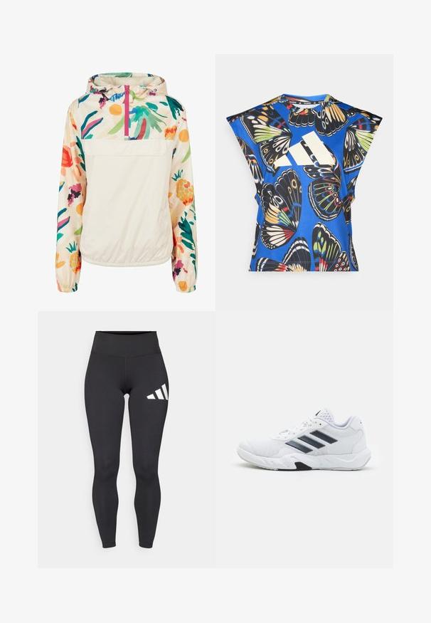 Giacca leggera a pullover in crema con un motivo floreale dai colori vivaci. Caratterizzata da una zip anteriore, cappuccio e polsini elastici per una vestibilità sicura.; Camicia blu a maniche corte con una vivace stampa di farfalle in vari colori, dotata di un grande logo bianco sul davanti e di un collo rotondo.; Leggings neri realizzati in materiale elastico con una vita alta e tre strisce diagonali bianche sulla coscia sinistra. Texture liscia.; Scarpa sportiva bianca con tomaia in mesh, tre strisce nere sui lati, dettagli testurizzati e una suola in gomma robusta con una sezione nera a contrasto.