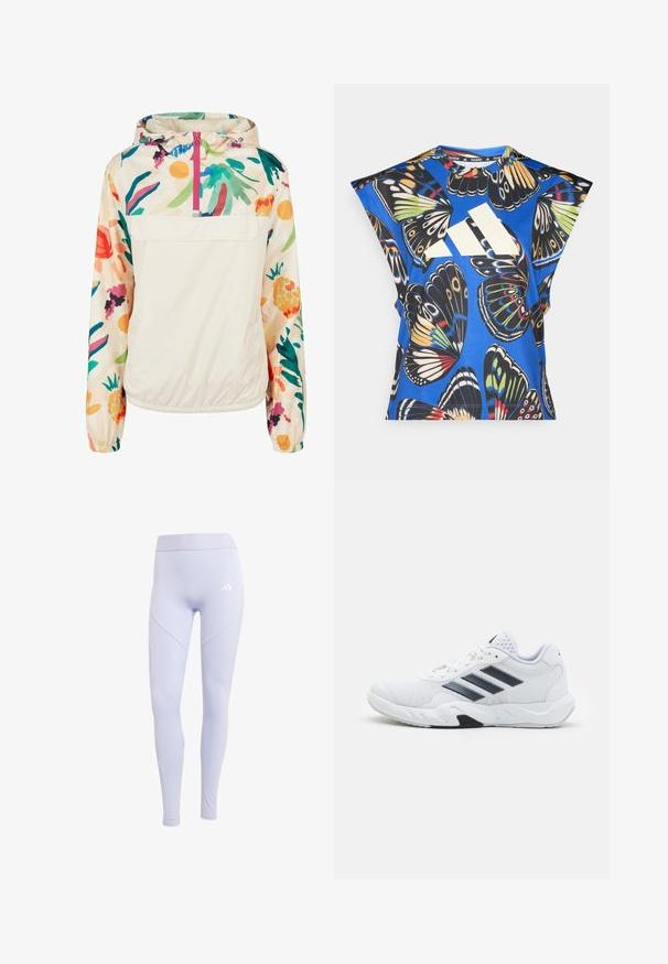 Lagani, krem pulover jakna s cvjetnim uzorkom u živim bojama. Ima prednji zip, kapuljaču i elastične manžete za sigurno prianjanje.; Plava košulja kratkih rukava s vibrantnim uzorkom leptira u raznim bojama, s velikim bijelim logom sprijeda i okruglim izrezom.; Svijetlo ljubičaste tajice od rastezljivog materijala s visokim pojasom, sa suptilnim logotipom i besprijekornim dizajnom bočne panele.; Bijela atletska cipela s mrežastim gornjim dijelom, tri crne pruge sa strane, strukturirani detalji i čvrst gumeni potplat s kontrastnim crnim dijelom.