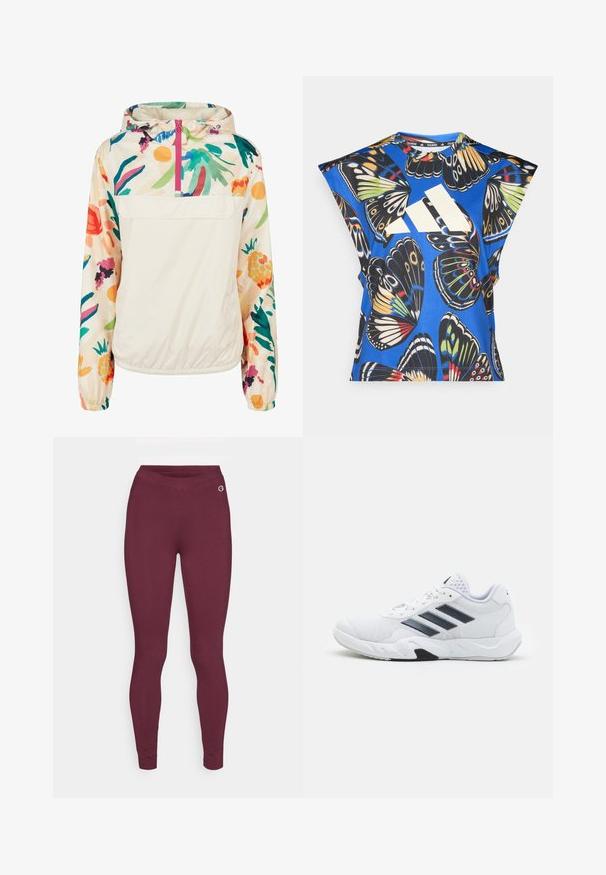 Lightweight, cream pullover jacket with a floral pattern in vibrant colors. Features a front zip, hood, and elastic cuffs for a secure fit.; Blue short-sleeve shirt featuring a vibrant butterfly print in various colors, with a large white logo on the front and a round neckline.; Burgundy leggings made of stretchy fabric, featuring a smooth texture and a wide waistband. A small logo is visible on the upper left side.; White athletic shoe with mesh upper, three black stripes on the side, textured accents, and a sturdy rubber sole with a contrasting black section.