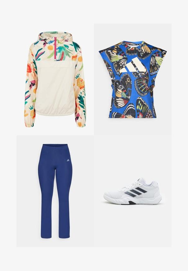 Lagani, krem pulover jakna s cvjetnim uzorkom u živim bojama. Ima prednji zip, kapuljaču i elastične manžete za sigurno prianjanje.; Plava košulja kratkih rukava s vibrantnim uzorkom leptira u raznim bojama, s velikim bijelim logom sprijeda i okruglim izrezom.; Plave atletske tajice napravljene od glatkog materijala, s visokim strukom i malim bijelim logotipom s lijeve strane. Široki rub na dnu.; Bijela atletska cipela s mrežastim gornjim dijelom, tri crne pruge sa strane, strukturirani detalji i čvrst gumeni potplat s kontrastnim crnim dijelom.