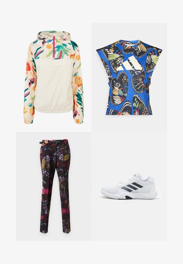 Lagani, krem pulover jakna s cvjetnim uzorkom u živim bojama. Ima prednji zip, kapuljaču i elastične manžete za sigurno prianjanje.; Plava košulja kratkih rukava s vibrantnim uzorkom leptira u raznim bojama, s velikim bijelim logom sprijeda i okruglim izrezom.; Hlače s cvjetnim uzorkom na crnoj podlozi, s vibrantnim crvenim, ljubičastim i plavim naglasima, pravog kroja i dekorativnim detaljem na remenu.; Bijela atletska cipela s mrežastim gornjim dijelom, tri crne pruge sa strane, strukturirani detalji i čvrst gumeni potplat s kontrastnim crnim dijelom.