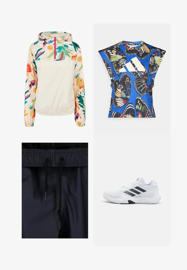 Lekka, kremowa kurtka z kapturem z kwiatowym wzorem w intensywnych kolorach. Posiada zamek z przodu, kaptur i elastyczne mankiety dla pewnego dopasowania.; Niebieska koszula z krótkim rękawem z żywym nadrukiem motyli w różnych kolorach, z dużym białym logo z przodu i okrągłym dekoltem.; Granatowe spodnie dresowe z elastycznym pasem, z czarnymi plecionymi sznurkami i metalowymi końcówkami, wykonane z gładkiego, wodoodpornego materiału.; Białe buty sportowe z siateczkową cholewką, trzy czarne paski po boku, teksturowane akcenty i solidna gumowa podeszwa z kontrastującą czarną sekcją.