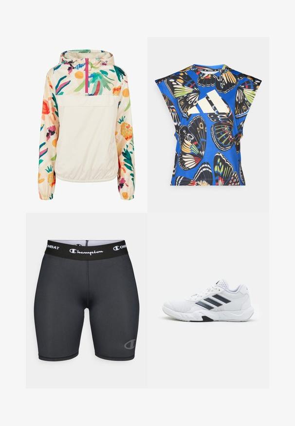 Gaišs, krēmkrāsas džemperis ar ziedu rakstu spilgtās krāsās. Iespējas ietver priekšējo rāvējslēdzēju, kapuci un elastīgas aproces drošai piegulšanai.; Zils īsām piedurknēm krekls ar dzīvīgu tauriņu drukājumu dažādās krāsās, ar lielu baltu logo priekšpusē un apaļu kakla izgriezumu.; Melni sporta šorti ar Champion logo un Combat zīmolu uz plašas jostas. Izgatavoti no gluda, elastīga materiāla.; Baltā sporta apavi ar sietu augšdaļu, trīs melnām svītrām sānos, teksturētām akcentiem un izturīgu gumijas zoli ar kontrastējošu melnu daļu.