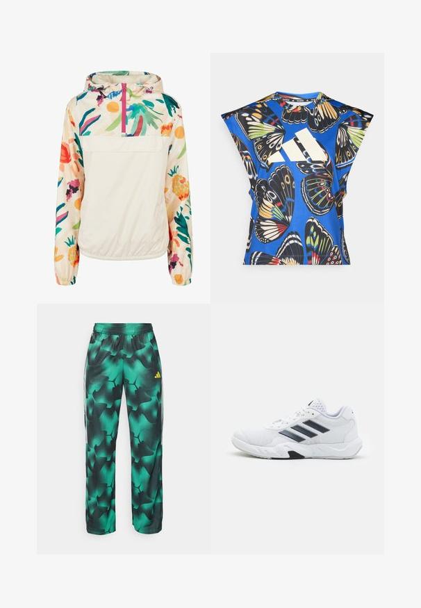 Lengvas, kreminės spalvos megztinis su gėlėmis ryškiomis spalvomis. Savybės: priekinis užtrauktukas, kapišonas ir elastingi rankogaliai, užtikrinantys tvirtą tinkamumą.; Mėlyna trumpomis rankovėmis marškinėliai, puošti ryškiais drugelių motyvais įvairiomis spalvomis, su dideliu baltu logotipu priekyje ir apvaliu iškirpimu.; Žalios ir juodos raštuotos sportinės kelnės su laisvu siluetu, elastine juosmena ir šoninėmis juostomis. Ant klubo yra mažas geltonas logotipas.; Baltas sportinis batelis su tinklelio viršumi, trimis juodomis juostelėmis šone, tekstūruotais akcentais ir tvirtu guminio pado su kontrastinga juoda dalimi.