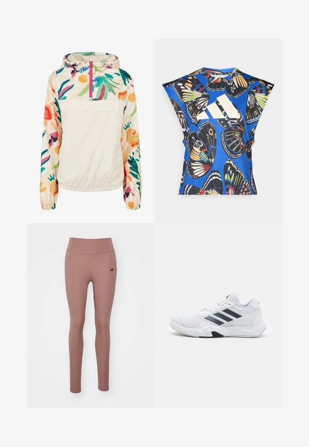 Lengvas, kreminės spalvos megztinis su gėlėmis ryškiomis spalvomis. Savybės: priekinis užtrauktukas, kapišonas ir elastingi rankogaliai, užtikrinantys tvirtą tinkamumą.; Mėlyna trumpomis rankovėmis marškinėliai, puošti ryškiais drugelių motyvais įvairiomis spalvomis, su dideliu baltu logotipu priekyje ir apvaliu iškirpimu.; Rožinės sportinės legginsai, pagaminti iš elastingos medžiagos. Aukštas liemuo, lygus paviršius ir mažas juodas logotipas ant kairiojo klubo.; Baltas sportinis batelis su tinklelio viršumi, trimis juodomis juostelėmis šone, tekstūruotais akcentais ir tvirtu guminio pado su kontrastinga juoda dalimi.