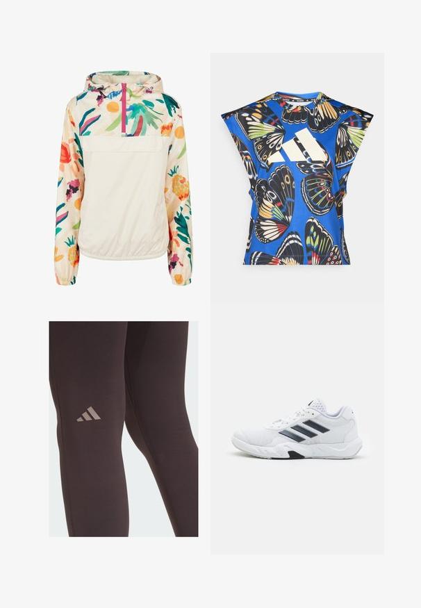 Lightweight, cream pullover jacket with a floral pattern in vibrant colors. Features a front zip, hood, and elastic cuffs for a secure fit.; Blue short-sleeve shirt featuring a vibrant butterfly print in various colors, with a large white logo on the front and a round neckline.; Black athletic leggings with a smooth texture, featuring a subtle brown Adidas logo on the thigh and reinforced stitching details.; White athletic shoe with mesh upper, three black stripes on the side, textured accents, and a sturdy rubber sole with a contrasting black section.