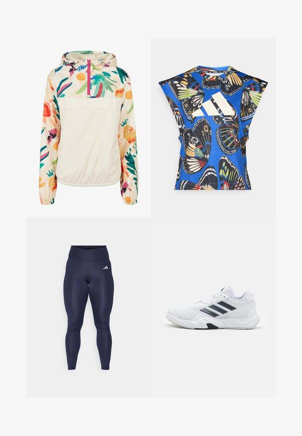 Lekka, kremowa kurtka z kapturem z kwiatowym wzorem w intensywnych kolorach. Posiada zamek z przodu, kaptur i elastyczne mankiety dla pewnego dopasowania.; Niebieska koszula z krótkim rękawem z żywym nadrukiem motyli w różnych kolorach, z dużym białym logo z przodu i okrągłym dekoltem.; adidas Performance - Rajstopy; Białe buty sportowe z siateczkową cholewką, trzy czarne paski po boku, teksturowane akcenty i solidna gumowa podeszwa z kontrastującą czarną sekcją.