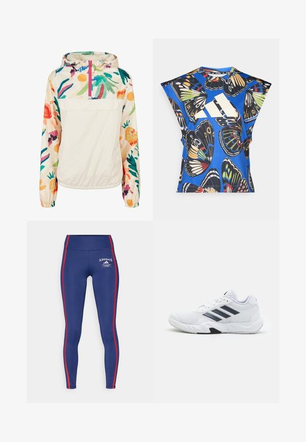 Lichtgewicht, crèmekleurige pulloverjack met een bloemenpatroon in levendige kleuren. Voorzien van een rits aan de voorkant, een capuchon en elastische manchetten voor een omsloten pasvorm.; Blauw T-shirt met korte mouwen, versierd met een levendige vlinderprint in verschillende kleuren, met een groot wit logo aan de voorkant en een ronde halslijn.; Marineblauwe leggings van rekbaar materiaal, met rode zijkanten en een Adidas-logo, en een hoog tailleontwerp voor comfort.; Witte sportieve schoen met een bovenwerk van mesh, drie zwarte strepen aan de zijkant, gestructureerde accenten en een stevige rubberen zool met een contrasterend zwart gedeelte.