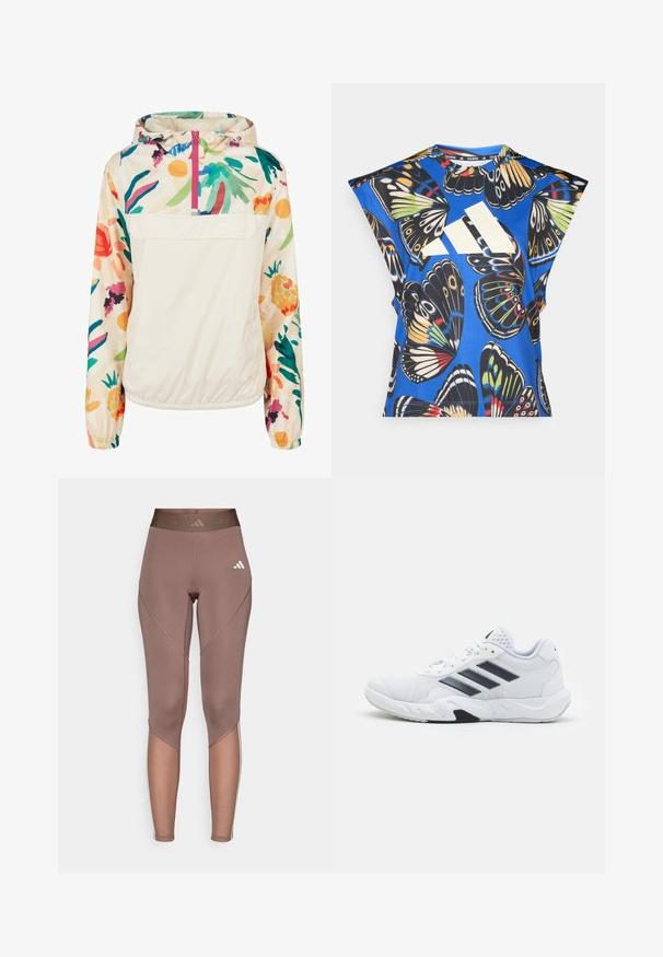 Jachetă pulover ușoară, din crem, cu un model floral în culori vibrante. Are un fermoar frontal, gluga și manșete elastice pentru o fixare sigură.; Cămașă albastră cu mânecă scurtă, decorată cu un imprimeu vibrant de fluturi în diverse culori, având un mare logo alb pe față și un guler rotund.; Leggings maro cu talie înaltă, confecționate dintr-un material elastic, cu accente de cusături diagonale și detalii subtile ale logo-ului în alb.; Adidași albi cu partea superioară din plasă, trei dungi negre pe lateral, accente texturate și o talpă din cauciuc solidă cu o secțiune contrastantă neagră.
