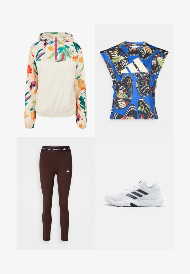 Ľahká, krémová puloverová bunda s kvetinovým vzorom v živých farbách. Obsahuje predný zips, kapucňu a elastické manžety pre bezpečné uchytenie.; Modrá košeľa s krátkym rukávom s živým potlačou motýľa v rôznych farbách, s veľkým bielym logom na prednej strane a okrúhlym výstrihom.; adidas Performance TF STASH 1/1 L - Legíny – nohavice - shadow brown; Biele športové topánky s ventilovaným vrchom, tromi čiernymi pruhmi po stranách, textúrovanými akcentmi a pevným gumovým podošvom s kontrastnou čiernou časťou.