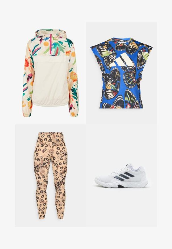 Könnyű, krémszínű pulóver dzseki élénk színekben pompázó virágmintával. Elöl cipzárral, kapucnival és elasztikus mandzsettákkal a biztonságos illeszkedés érdekében.; Kék, rövid ujjú ing, amelyet élénk pillangó mintázat díszít különböző színekben, az elején egy nagy fehér logóval és kerek nyakkivágással.; Leopárd mintás Leggings bézs és barna árnyalatok keverékében, sima textúrával és kényelmes elasztikus derékpánttal.; Fehér sportcipő, hálós felsőrésszel, az oldalon három fekete csíkkal, textúrázott részletekkel és egy tartós gumi talppal, amelynek ellentétes fekete szakasza van.