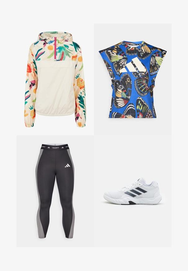 Lagani, krem pulover jakna s cvjetnim uzorkom u živim bojama. Ima prednji zip, kapuljaču i elastične manžete za sigurno prianjanje.; Plava košulja kratkih rukava s vibrantnim uzorkom leptira u raznim bojama, s velikim bijelim logom sprijeda i okruglim izrezom.; Crne sportske tajice sivi bočnih panela, s Techfit pojasom i adidas logotipom na lijevom bedru. Glatka, rastezljiva tkanina.; Bijela atletska cipela s mrežastim gornjim dijelom, tri crne pruge sa strane, strukturirani detalji i čvrst gumeni potplat s kontrastnim crnim dijelom.