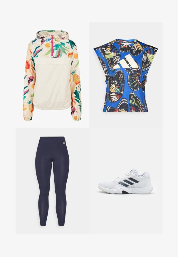 Lehký krémový pulover s květinovým vzorem v živých barvách. Má přední zip, kapuci a elastické manžety pro bezpečné nošení.; Modrá košile s krátkými rukávy, která má živý potisk motýlů v různých barvách, velké bílé logo na přední straně a kulatý výstřih.; Námořnické legíny vyrobené z elastického materiálu, s vysokým pasem a malým logem poblíž kyčle. Bez viditelných vzorů nebo textur.; Bílé sportovní boty s vrškem ze síťoviny, třemi černými pruhy po stranách, texturovanými akcenty a odolnou gumovou podrážkou s kontrastní černou částí.