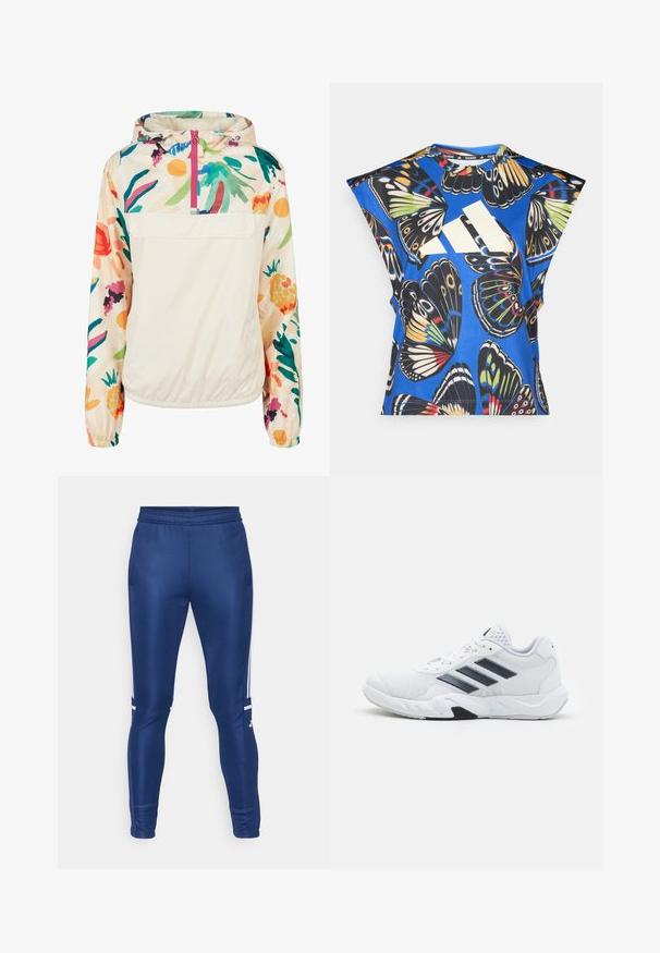 Lengvas, kreminės spalvos megztinis su gėlėmis ryškiomis spalvomis. Savybės: priekinis užtrauktukas, kapišonas ir elastingi rankogaliai, užtikrinantys tvirtą tinkamumą.; Mėlyna trumpomis rankovėmis marškinėliai, puošti ryškiais drugelių motyvais įvairiomis spalvomis, su dideliu baltu logotipu priekyje ir apvaliu iškirpimu.; Tamsiai mėlynos sportinės kelių kelnės su siauru siluetu, pagamintos iš lygaus audinio, su baltais šoniais raštais ir elastingu juosmeniu.; Baltas sportinis batelis su tinklelio viršumi, trimis juodomis juostelėmis šone, tekstūruotais akcentais ir tvirtu guminio pado su kontrastinga juoda dalimi.