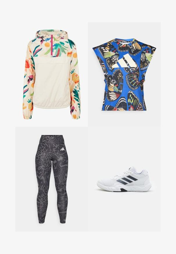 Könnyű, krémszínű pulóver dzseki élénk színekben pompázó virágmintával. Elöl cipzárral, kapucnival és elasztikus mandzsettákkal a biztonságos illeszkedés érdekében.; Kék, rövid ujjú ing, amelyet élénk pillangó mintázat díszít különböző színekben, az elején egy nagy fehér logóval és kerek nyakkivágással.; Fekete leggings, textúrált, absztrakt mintázattal szürke árnyalatokban, magas derékkal és fehér logóval a csípőn.; Fehér sportcipő, hálós felsőrésszel, az oldalon három fekete csíkkal, textúrázott részletekkel és egy tartós gumi talppal, amelynek ellentétes fekete szakasza van.