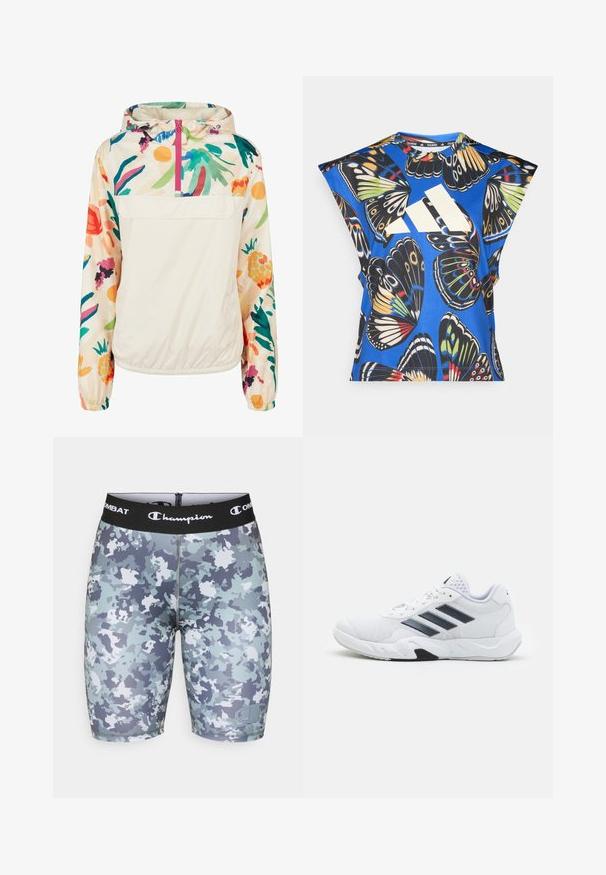 Lightweight, cream pullover jacket with a floral pattern in vibrant colors. Features a front zip, hood, and elastic cuffs for a secure fit.; Blue short-sleeve shirt featuring a vibrant butterfly print in various colors, with a large white logo on the front and a round neckline.; Camouflage athletic shorts featuring a blend of light blue, grey, and white colors. Made of stretchy material, with a black elastic waistband.; White athletic shoe with mesh upper, three black stripes on the side, textured accents, and a sturdy rubber sole with a contrasting black section.