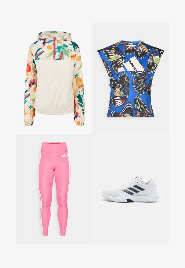 Lagani, krem pulover jakna s cvjetnim uzorkom u živim bojama. Ima prednji zip, kapuljaču i elastične manžete za sigurno prianjanje.; Plava košulja kratkih rukava s vibrantnim uzorkom leptira u raznim bojama, s velikim bijelim logom sprijeda i okruglim izrezom.; Roze tajice s visokim pojasom, izrađene od rastezljivog materijala, s bijelim bočnim prugama i bijelim logotipom na gornjem dijelu bedra.; Bijela atletska cipela s mrežastim gornjim dijelom, tri crne pruge sa strane, strukturirani detalji i čvrst gumeni potplat s kontrastnim crnim dijelom.