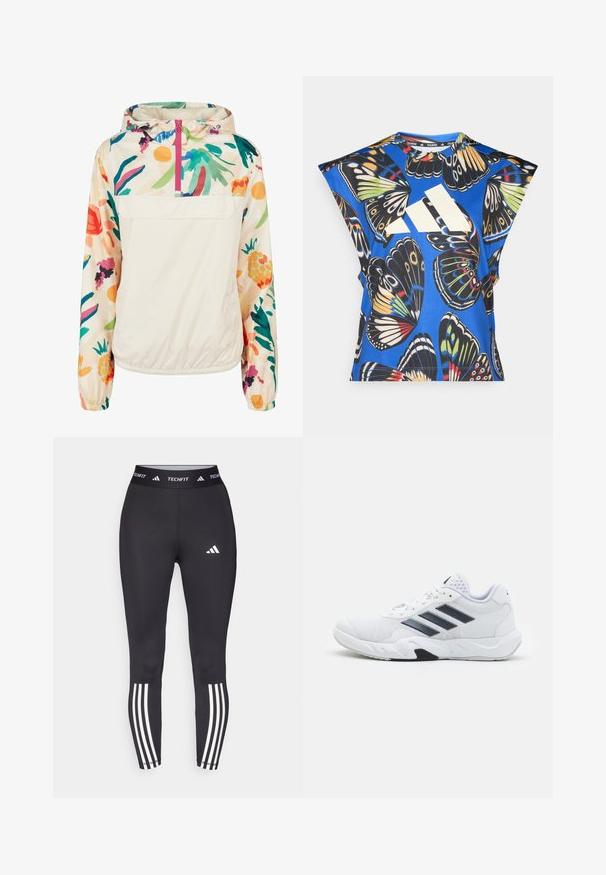 Lehký krémový pulover s květinovým vzorem v živých barvách. Má přední zip, kapuci a elastické manžety pro bezpečné nošení.; Modrá košile s krátkými rukávy, která má živý potisk motýlů v různých barvách, velké bílé logo na přední straně a kulatý výstřih.; Černé sportovní legíny s přiléhavým střihem, vybavené pásem TECHFIT a třemi bílými pruhy na manžetách. Hladká textura.; Bílé sportovní boty s vrškem ze síťoviny, třemi černými pruhy po stranách, texturovanými akcenty a odolnou gumovou podrážkou s kontrastní černou částí.