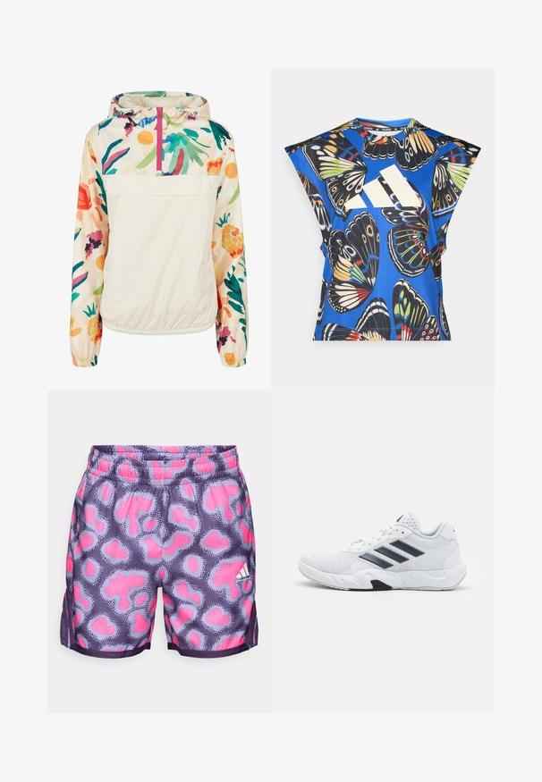 Giacca leggera a pullover in crema con un motivo floreale dai colori vivaci. Caratterizzata da una zip anteriore, cappuccio e polsini elastici per una vestibilità sicura.; Camicia blu a maniche corte con una vivace stampa di farfalle in vari colori, dotata di un grande logo bianco sul davanti e di un collo rotondo.; Shorts viola con un motivo a pois rosa e azzurro chiaro, cintura elastica e spacchi laterali per ventilazione. Presentano un piccolo dettaglio del logo bianco.; Scarpa sportiva bianca con tomaia in mesh, tre strisce nere sui lati, dettagli testurizzati e una suola in gomma robusta con una sezione nera a contrasto.