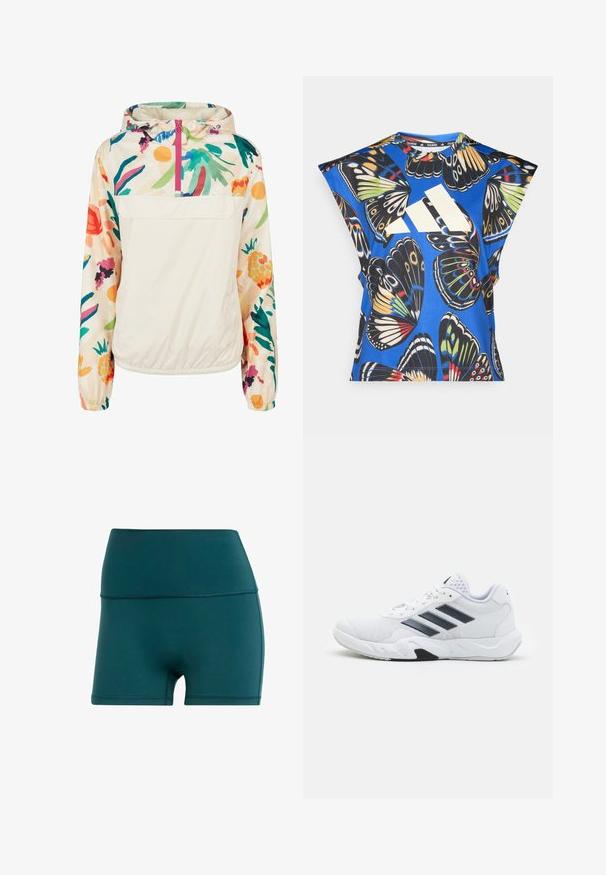 Giacca leggera a pullover in crema con un motivo floreale dai colori vivaci. Caratterizzata da una zip anteriore, cappuccio e polsini elastici per una vestibilità sicura.; Camicia blu a maniche corte con una vivace stampa di farfalle in vari colori, dotata di un grande logo bianco sul davanti e di un collo rotondo.; Pantaloni corti sportivi in teal realizzati in materiale liscio e elastico. Vita alta con cuciture piatte, caratterizzati da un design aderente e lunghezza fino a metà coscia.; Scarpa sportiva bianca con tomaia in mesh, tre strisce nere sui lati, dettagli testurizzati e una suola in gomma robusta con una sezione nera a contrasto.