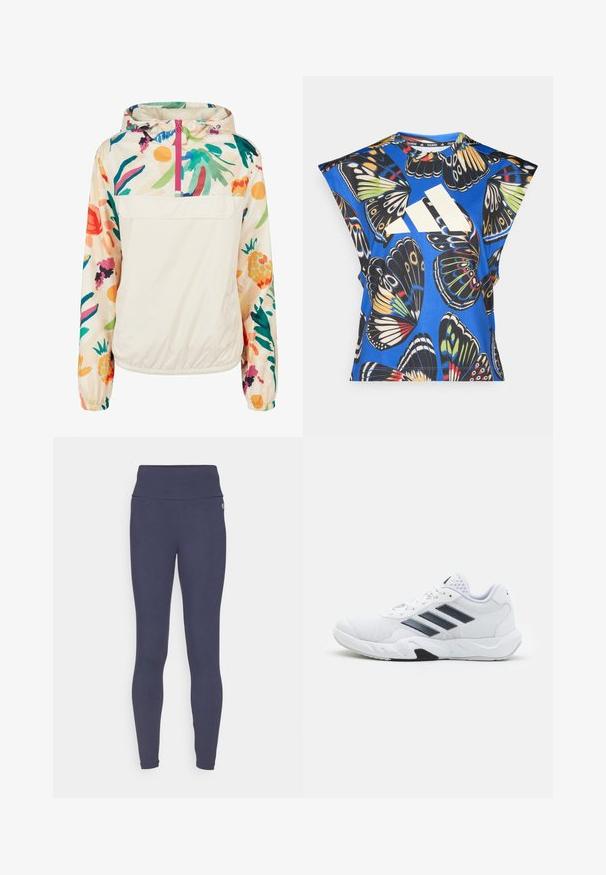 Könnyű, krémszínű pulóver dzseki élénk színekben pompázó virágmintával. Elöl cipzárral, kapucnival és elasztikus mandzsettákkal a biztonságos illeszkedés érdekében.; Kék, rövid ujjú ing, amelyet élénk pillangó mintázat díszít különböző színekben, az elején egy nagy fehér logóval és kerek nyakkivágással.; Tengerészkék leggins magas derekú, puha, rugalmas anyagból készült. Simább felület jellemzi, és bokáig érő fazonban készült.; Fehér sportcipő, hálós felsőrésszel, az oldalon három fekete csíkkal, textúrázott részletekkel és egy tartós gumi talppal, amelynek ellentétes fekete szakasza van.