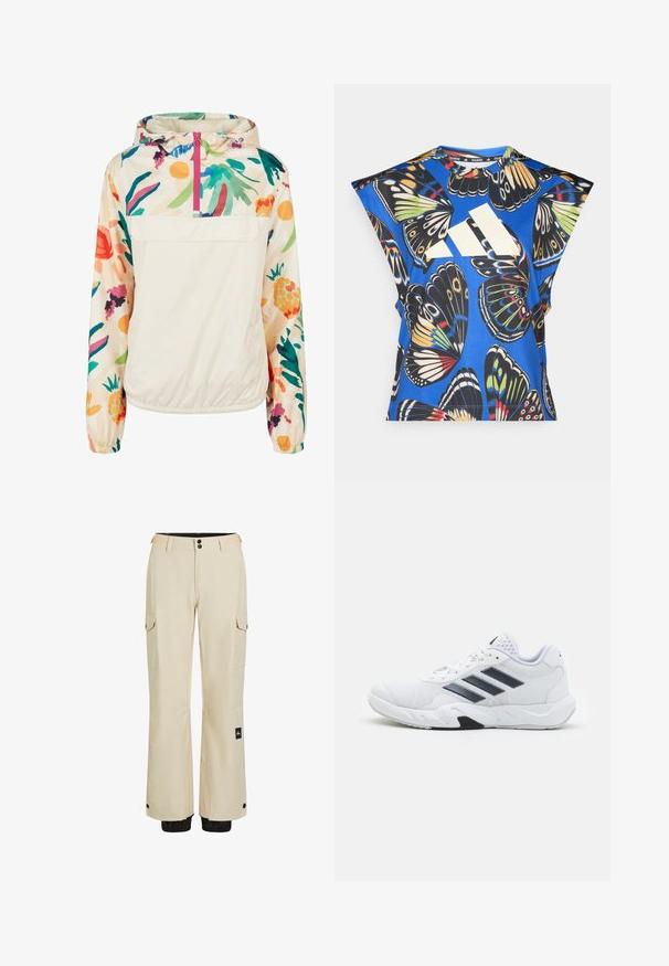 Giacca leggera a pullover in crema con un motivo floreale dai colori vivaci. Caratterizzata da una zip anteriore, cappuccio e polsini elastici per una vestibilità sicura.; Camicia blu a maniche corte con una vivace stampa di farfalle in vari colori, dotata di un grande logo bianco sul davanti e di un collo rotondo.; Pantaloni cargo beige con taglio dritto, due tasche laterali e un accento nero alla caviglia. Realizzati in tessuto leggero con una consistenza liscia.; Scarpa sportiva bianca con tomaia in mesh, tre strisce nere sui lati, dettagli testurizzati e una suola in gomma robusta con una sezione nera a contrasto.