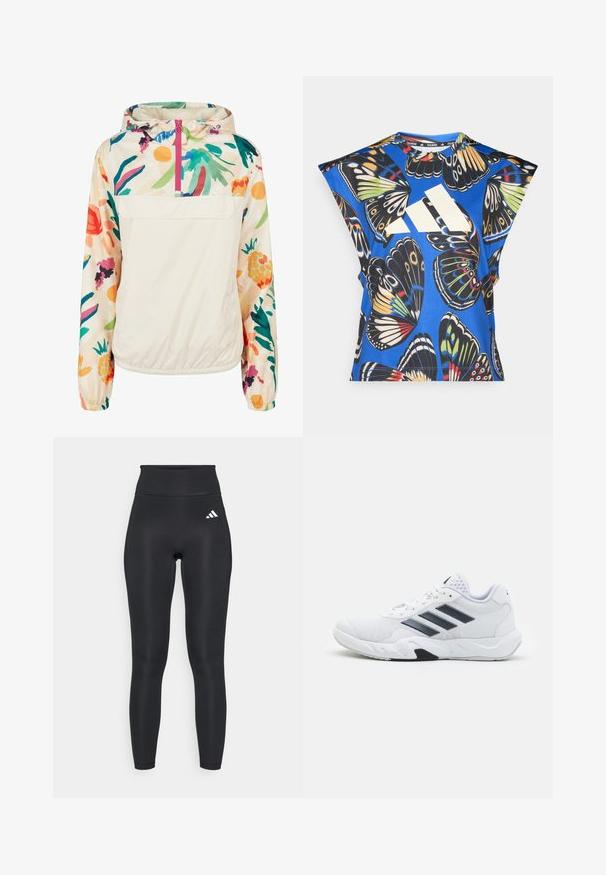 Lahki, kremni pulover jakna s cvetličnim vzorcem v živih barvah. Ima sprednji zadrgo, kapuco in elastične manšete za varen oprijem.; Modra kratka majica s kratkimi rokavi, ki vsebuje živahno potisk z metulji v različnih barvah, z velikim belim logotipom spredaj in okroglim izrezom.; Črne športne legice z visokim pasom, izdelane iz raztegljivega materiala, z gladko teksturo in majhnim belim logotipom blizu pasu.; Bela atletska čevlja z mrežastim zgornjim delom, tremi črnimi črtami na strani, teksturiranimi dodatki in trdim gumijastim podplatom z kontrastnim črnim delom.