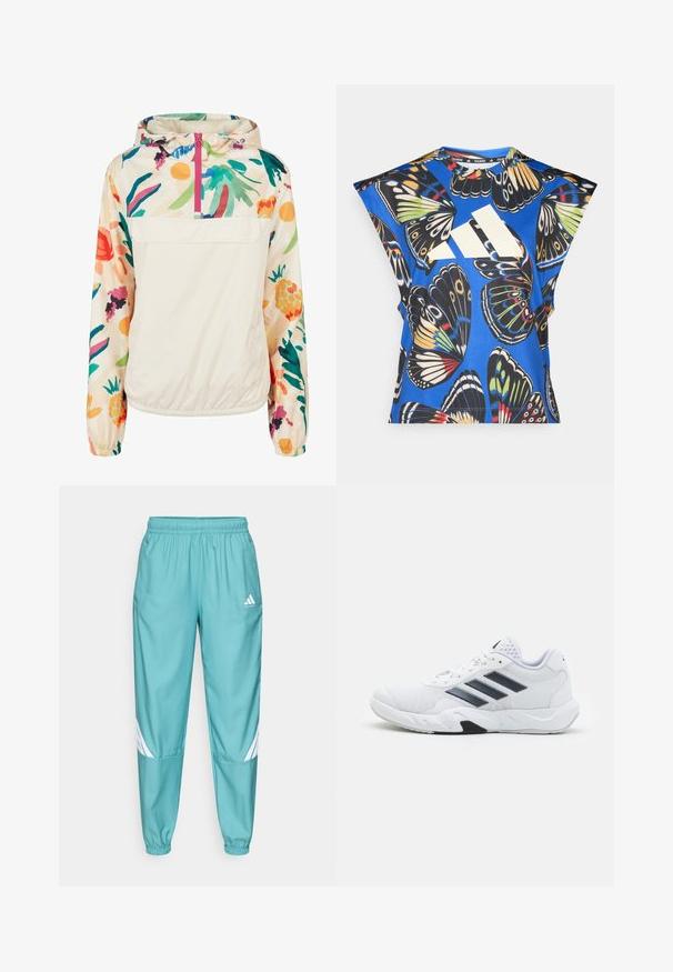 Jachetă pulover ușoară, din crem, cu un model floral în culori vibrante. Are un fermoar frontal, gluga și manșete elastice pentru o fixare sigură.; Cămașă albastră cu mânecă scurtă, decorată cu un imprimeu vibrant de fluturi în diverse culori, având un mare logo alb pe față și un guler rotund.; Pantaloni sportivi de culoare teal, cu talie elastică, având dungi diagonale albe pe părțile inferioare ale picioarelor și buzunare laterale. Construiți dintr-un material ușor.; Adidași albi cu partea superioară din plasă, trei dungi negre pe lateral, accente texturate și o talpă din cauciuc solidă cu o secțiune contrastantă neagră.