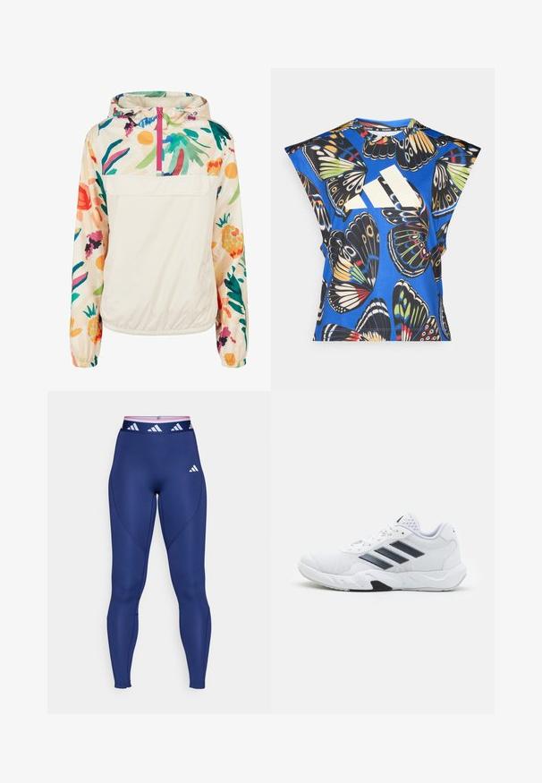 Chaqueta ligera de crema con un patrón floral en colores vibrantes. Presenta un cierre frontal, capucha y puños elásticos para un ajuste seguro.; Camisa de manga corta azul con un vibrante estampado de mariposas en varios colores, con un gran logo blanco en la parte delantera y un escote redondo.; Leggings atléticos en color navy con una cinturilla alta que presenta una banda de logo en rosa y blanco. Textura suave y corte atlético con detalles de costura.; Zapatilla deportiva blanca con parte superior de malla, tres franjas negras a los lados, acentos texturizados y una suela de goma resistente con una sección negra en contraste.