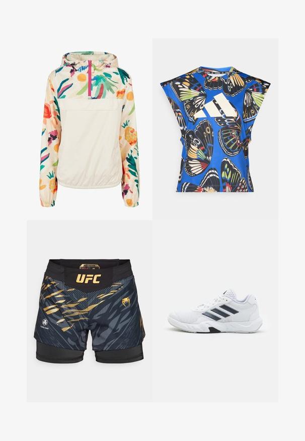 Lahki, kremni pulover jakna s cvetličnim vzorcem v živih barvah. Ima sprednji zadrgo, kapuco in elastične manšete za varen oprijem.; Modra kratka majica s kratkimi rokavi, ki vsebuje živahno potisk z metulji v različnih barvah, z velikim belim logotipom spredaj in okroglim izrezom.; Črne kratke hlače za mešane borilne veščine z dinamičnim zlatim grafičnim oblikovanjem, logotipom UFC in tesnim elastičnim pasom. Podrobnosti z teksturirano tkanino.; Bela atletska čevlja z mrežastim zgornjim delom, tremi črnimi črtami na strani, teksturiranimi dodatki in trdim gumijastim podplatom z kontrastnim črnim delom.