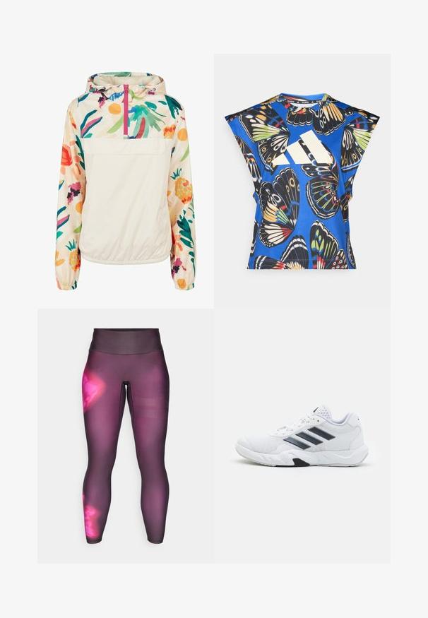 Lichtgewicht, crèmekleurige pulloverjack met een bloemenpatroon in levendige kleuren. Voorzien van een rits aan de voorkant, een capuchon en elastische manchetten voor een omsloten pasvorm.; Blauw T-shirt met korte mouwen, versierd met een levendige vlinderprint in verschillende kleuren, met een groot wit logo aan de voorkant en een ronde halslijn.; Paarse sportlegging met een hoge tailleband, met een gradientontwerp en mesh-strepen op het onderbeen voor ventilatie.; Witte sportieve schoen met een bovenwerk van mesh, drie zwarte strepen aan de zijkant, gestructureerde accenten en een stevige rubberen zool met een contrasterend zwart gedeelte.