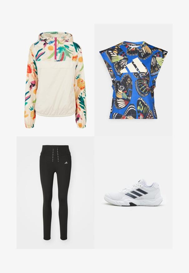 Giacca leggera a pullover in crema con un motivo floreale dai colori vivaci. Caratterizzata da una zip anteriore, cappuccio e polsini elastici per una vestibilità sicura.; Camicia blu a maniche corte con una vivace stampa di farfalle in vari colori, dotata di un grande logo bianco sul davanti e di un collo rotondo.; Leggings atletici neri con vita alta, dotati di una stylish dettaglio con lacci e un logo sottile di lato. Tessuto morbido ed elasticizzato.; Scarpa sportiva bianca con tomaia in mesh, tre strisce nere sui lati, dettagli testurizzati e una suola in gomma robusta con una sezione nera a contrasto.