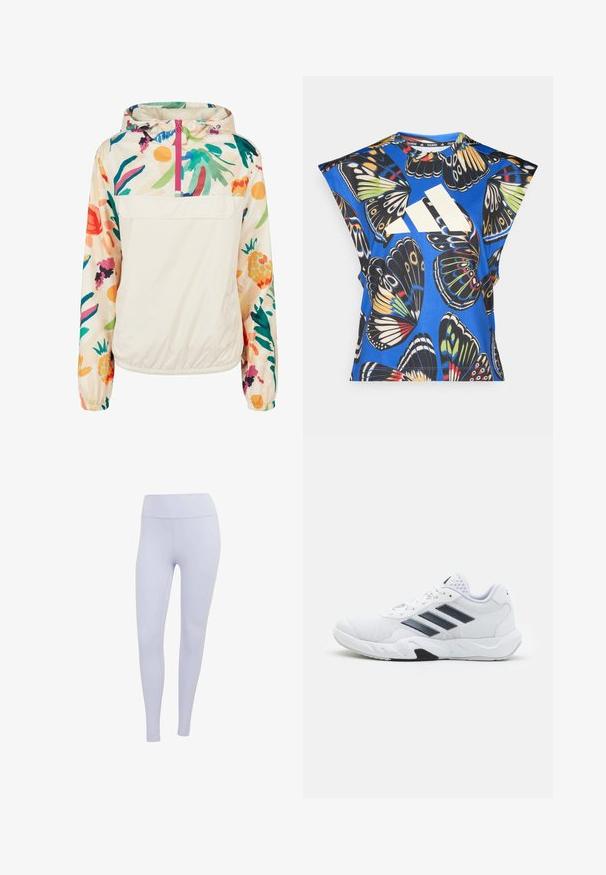 Lightweight, cream pullover jacket with a floral pattern in vibrant colors. Features a front zip, hood, and elastic cuffs for a secure fit.; Blue short-sleeve shirt featuring a vibrant butterfly print in various colors, with a large white logo on the front and a round neckline.; Light purple leggings made of stretchy fabric. High-waisted design with a smooth texture and no visible seams or patterns.; White athletic shoe with mesh upper, three black stripes on the side, textured accents, and a sturdy rubber sole with a contrasting black section.