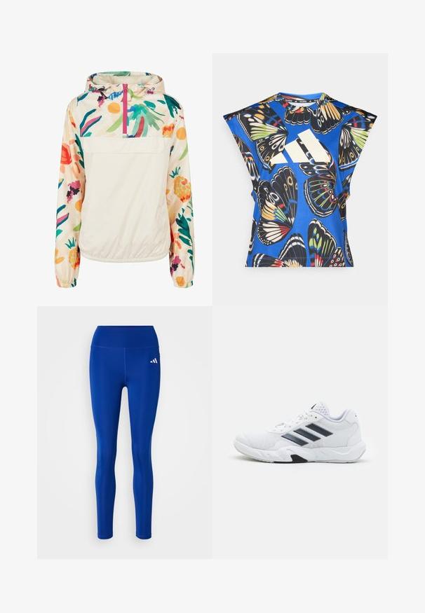 Chaqueta ligera de crema con un patrón floral en colores vibrantes. Presenta un cierre frontal, capucha y puños elásticos para un ajuste seguro.; Camisa de manga corta azul con un vibrante estampado de mariposas en varios colores, con un gran logo blanco en la parte delantera y un escote redondo.; adidas Performance Leggings - semi lucid blue; Zapatilla deportiva blanca con parte superior de malla, tres franjas negras a los lados, acentos texturizados y una suela de goma resistente con una sección negra en contraste.