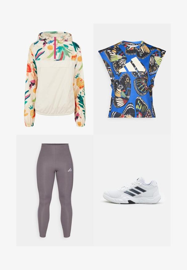 Ľahká, krémová puloverová bunda s kvetinovým vzorom v živých farbách. Obsahuje predný zips, kapucňu a elastické manžety pre bezpečné uchytenie.; Modrá košeľa s krátkym rukávom s živým potlačou motýľa v rôznych farbách, s veľkým bielym logom na prednej strane a okrúhlym výstrihom.; Sivé športové legíny s hladkým povrchom, zúženým strihom a bielymi pruhmi. Obsahujú logo Adidas na ľavom stehne.; Biele športové topánky s ventilovaným vrchom, tromi čiernymi pruhmi po stranách, textúrovanými akcentmi a pevným gumovým podošvom s kontrastnou čiernou časťou.