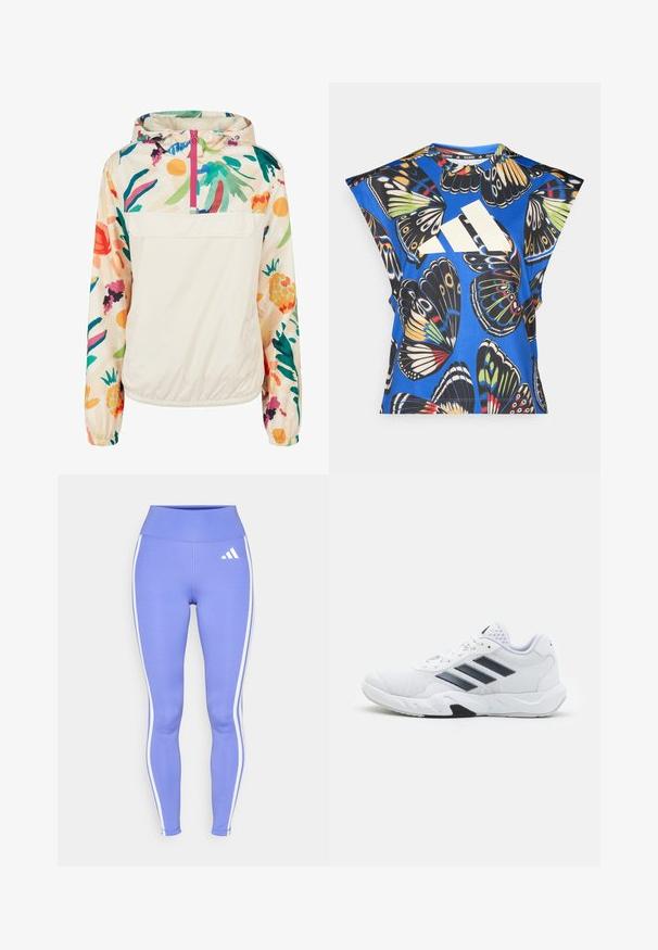 Ľahká, krémová puloverová bunda s kvetinovým vzorom v živých farbách. Obsahuje predný zips, kapucňu a elastické manžety pre bezpečné uchytenie.; Modrá košeľa s krátkym rukávom s živým potlačou motýľa v rôznych farbách, s veľkým bielym logom na prednej strane a okrúhlym výstrihom.; Fialové legíny vyrobené z elastického materiálu, s bielymi bočnými pruhmi a logom Adidas na hornej stehne. Vysoký pás.; Biele športové topánky s ventilovaným vrchom, tromi čiernymi pruhmi po stranách, textúrovanými akcentmi a pevným gumovým podošvom s kontrastnou čiernou časťou.