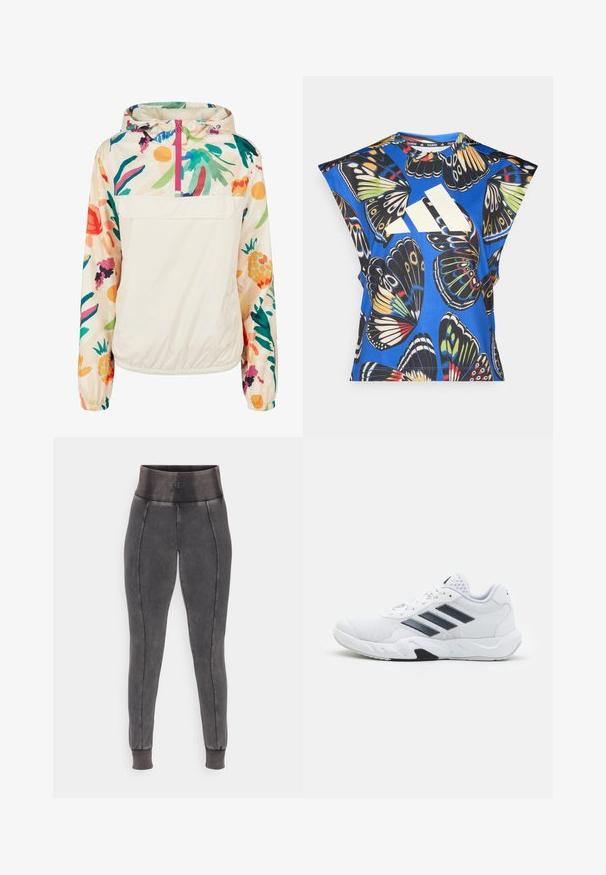 Jachetă pulover ușoară, din crem, cu un model floral în culori vibrante. Are un fermoar frontal, gluga și manșete elastice pentru o fixare sigură.; Cămașă albastră cu mânecă scurtă, decorată cu un imprimeu vibrant de fluturi în diverse culori, având un mare logo alb pe față și un guler rotund.; Colanți gri cu o talie elastică înaltă, având cusături contrastante și manșete îndoite la glezne pentru o potrivire strânsă.; Adidași albi cu partea superioară din plasă, trei dungi negre pe lateral, accente texturate și o talpă din cauciuc solidă cu o secțiune contrastantă neagră.
