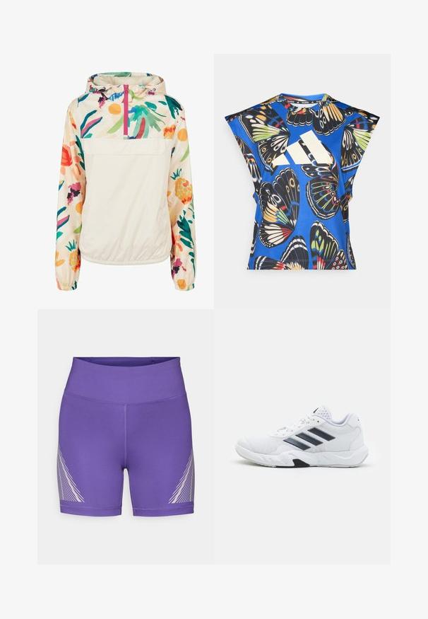 Lagani, krem pulover jakna s cvjetnim uzorkom u živim bojama. Ima prednji zip, kapuljaču i elastične manžete za sigurno prianjanje.; Plava košulja kratkih rukava s vibrantnim uzorkom leptira u raznim bojama, s velikim bijelim logom sprijeda i okruglim izrezom.; Ljubičaste sportske kratke hlače od rastezljivog materijala s visokim pojasom i dijagonalnim bijelim uzorkom na lijevoj strani.; Bijela atletska cipela s mrežastim gornjim dijelom, tri crne pruge sa strane, strukturirani detalji i čvrst gumeni potplat s kontrastnim crnim dijelom.