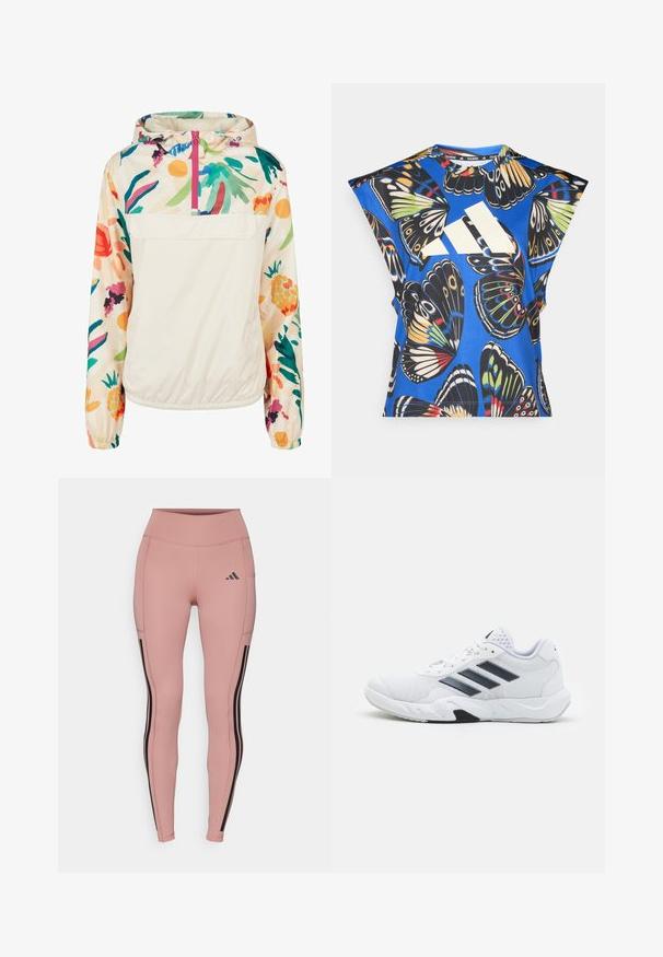 Lagani, krem pulover jakna s cvjetnim uzorkom u živim bojama. Ima prednji zip, kapuljaču i elastične manžete za sigurno prianjanje.; Plava košulja kratkih rukava s vibrantnim uzorkom leptira u raznim bojama, s velikim bijelim logom sprijeda i okruglim izrezom.; Ružičaste sportske tajice s crnim bočnim trakama i visokim strukom. Izrađene od rastezljivog materijala, sa elegatnim, prilagođenim siluetom.; Bijela atletska cipela s mrežastim gornjim dijelom, tri crne pruge sa strane, strukturirani detalji i čvrst gumeni potplat s kontrastnim crnim dijelom.