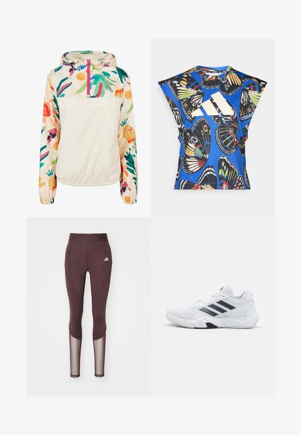 Giacca leggera a pullover in crema con un motivo floreale dai colori vivaci. Caratterizzata da una zip anteriore, cappuccio e polsini elastici per una vestibilità sicura.; Camicia blu a maniche corte con una vivace stampa di farfalle in vari colori, dotata di un grande logo bianco sul davanti e di un collo rotondo.; Leggings sportivi color bordeaux con pannelli in rete, design aderente e vita elasticizzata. Presentano un logo bianco sulla coscia sinistra e dettagli delle cuciture.; Scarpa sportiva bianca con tomaia in mesh, tre strisce nere sui lati, dettagli testurizzati e una suola in gomma robusta con una sezione nera a contrasto.