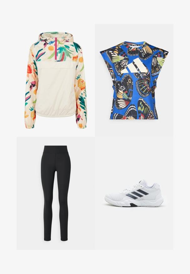Lightweight, cream pullover jacket with a floral pattern in vibrant colors. Features a front zip, hood, and elastic cuffs for a secure fit.; Blue short-sleeve shirt featuring a vibrant butterfly print in various colors, with a large white logo on the front and a round neckline.; Black leggings made from a stretchy material with a high waistband, featuring a smooth texture and no visible patterns or accents.; White athletic shoe with mesh upper, three black stripes on the side, textured accents, and a sturdy rubber sole with a contrasting black section.