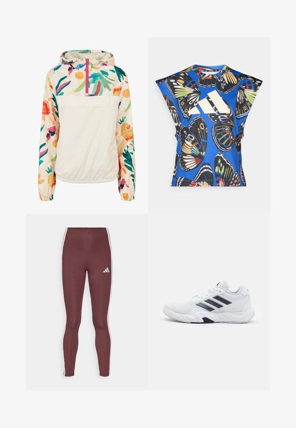 Ľahká, krémová puloverová bunda s kvetinovým vzorom v živých farbách. Obsahuje predný zips, kapucňu a elastické manžety pre bezpečné uchytenie.; Modrá košeľa s krátkym rukávom s živým potlačou motýľa v rôznych farbách, s veľkým bielym logom na prednej strane a okrúhlym výstrihom.; Burgundské športové legíny vyrobené z elastického materiálu, s bielymi bočnými pruhmi a malým logom na boku. Hladká štruktúra po celom povrchu.; Biele športové topánky s ventilovaným vrchom, tromi čiernymi pruhmi po stranách, textúrovanými akcentmi a pevným gumovým podošvom s kontrastnou čiernou časťou.