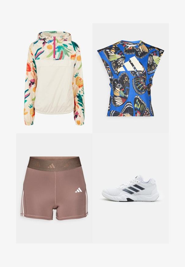 Lengvas, kreminės spalvos megztinis su gėlėmis ryškiomis spalvomis. Savybės: priekinis užtrauktukas, kapišonas ir elastingi rankogaliai, užtikrinantys tvirtą tinkamumą.; Mėlyna trumpomis rankovėmis marškinėliai, puošti ryškiais drugelių motyvais įvairiomis spalvomis, su dideliu baltu logotipu priekyje ir apvaliu iškirpimu.; Rudos sportiniai šortai su plačiu, tekstūruotu juosmeniu. Šonuose yra baltos trijų juostų akcentai ir mažas baltas logotipas.; Baltas sportinis batelis su tinklelio viršumi, trimis juodomis juostelėmis šone, tekstūruotais akcentais ir tvirtu guminio pado su kontrastinga juoda dalimi.