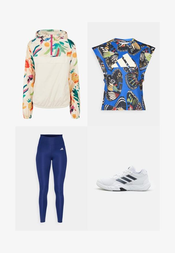 Veste à capuche légère en crème avec un motif floral aux couleurs vives. Elle dispose d'une fermeture éclair à l'avant et de poignets élastiques pour un ajustement sécurisé.; Chemise bleue à manches courtes ornée d'un imprimé de papillons colorés, avec un grand logo blanc sur le devant et un col rond.; Legging bleu marine en matière extensible avec une taille haute. Présente un logo Adidas blanc sur la cuisse avant gauche.; Baskets blanches avec une tige en maille, trois rayures noires sur le côté, des accents texturés et une semelle en caoutchouc robuste avec une section noire contrastante.