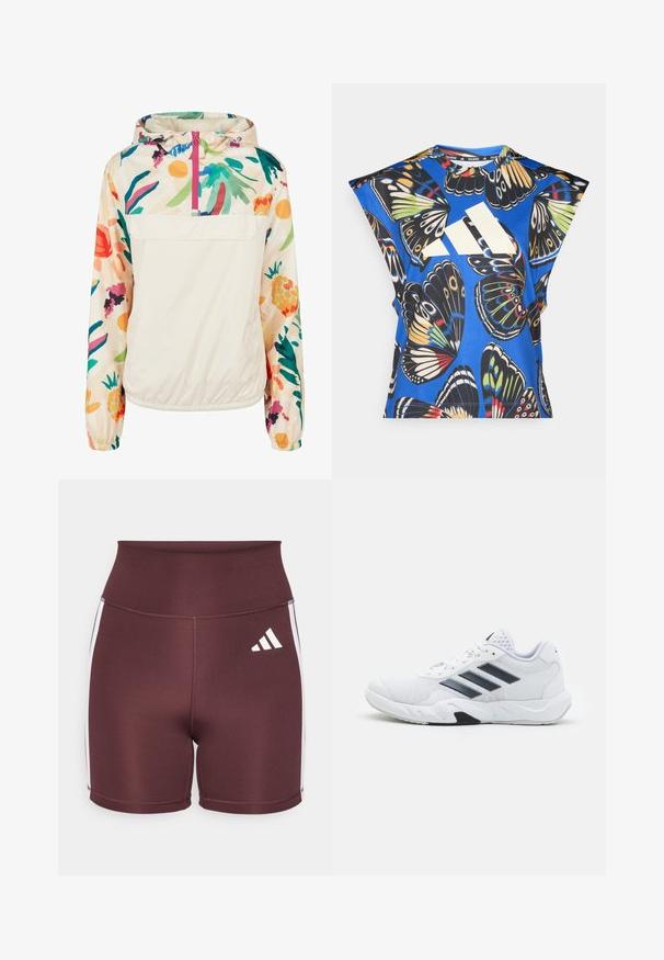 Giacca leggera a pullover in crema con un motivo floreale dai colori vivaci. Caratterizzata da una zip anteriore, cappuccio e polsini elastici per una vestibilità sicura.; Camicia blu a maniche corte con una vivace stampa di farfalle in vari colori, dotata di un grande logo bianco sul davanti e di un collo rotondo.; Pantaloni shorts a vita alta color bordeaux realizzati in materiale elasticizzato, con righe laterali bianche e il logo Adidas bianco sul davanti.; Scarpa sportiva bianca con tomaia in mesh, tre strisce nere sui lati, dettagli testurizzati e una suola in gomma robusta con una sezione nera a contrasto.
