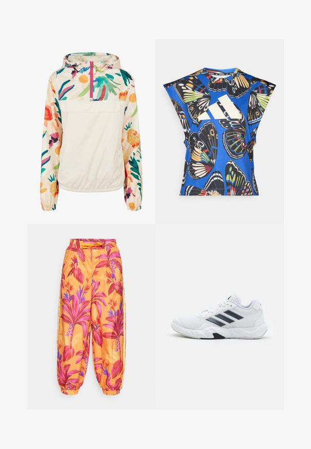 Lightweight, cream pullover jacket with a floral pattern in vibrant colors. Features a front zip, hood, and elastic cuffs for a secure fit.; Blue short-sleeve shirt featuring a vibrant butterfly print in various colors, with a large white logo on the front and a round neckline.; Harem pants in orange fabric featuring large pink and purple floral patterns. Elastic waistband with a drawstring, cuffed ankles.; White athletic shoe with mesh upper, three black stripes on the side, textured accents, and a sturdy rubber sole with a contrasting black section.