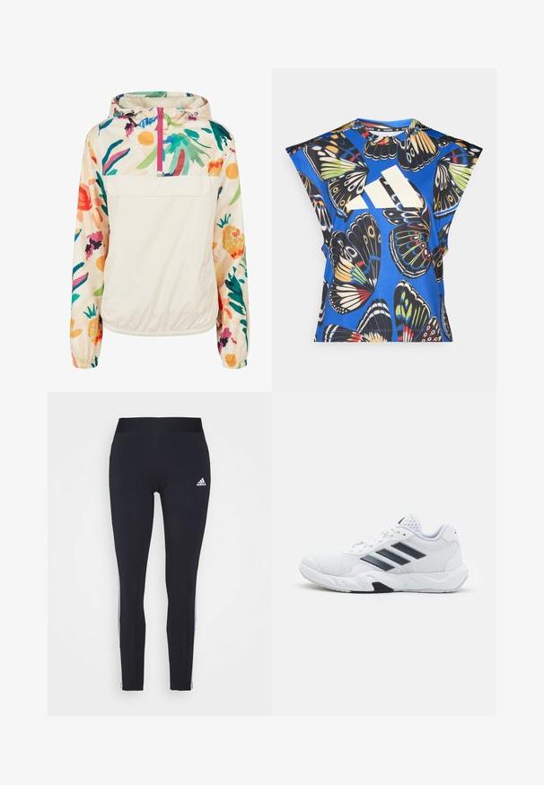 Könnyű, krémszínű pulóver dzseki élénk színekben pompázó virágmintával. Elöl cipzárral, kapucnival és elasztikus mandzsettákkal a biztonságos illeszkedés érdekében.; Kék, rövid ujjú ing, amelyet élénk pillangó mintázat díszít különböző színekben, az elején egy nagy fehér logóval és kerek nyakkivágással.; Sötétkék leggings elasztikus anyagból, széles derékpánttal és fehér oldalcsíkkal, a bal felső oldalon Adidas logóval.; Fehér sportcipő, hálós felsőrésszel, az oldalon három fekete csíkkal, textúrázott részletekkel és egy tartós gumi talppal, amelynek ellentétes fekete szakasza van.