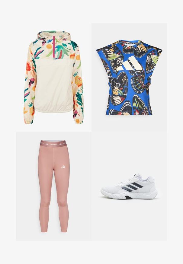Lagani, krem pulover jakna s cvjetnim uzorkom u živim bojama. Ima prednji zip, kapuljaču i elastične manžete za sigurno prianjanje.; Plava košulja kratkih rukava s vibrantnim uzorkom leptira u raznim bojama, s velikim bijelim logom sprijeda i okruglim izrezom.; Techfit tajice u mekoj ružičastoj boji, napravljene od rastezljivog materijala, s uskim dizajnom i bijelim logom na donjem dijelu noge i pojasu.; Bijela atletska cipela s mrežastim gornjim dijelom, tri crne pruge sa strane, strukturirani detalji i čvrst gumeni potplat s kontrastnim crnim dijelom.