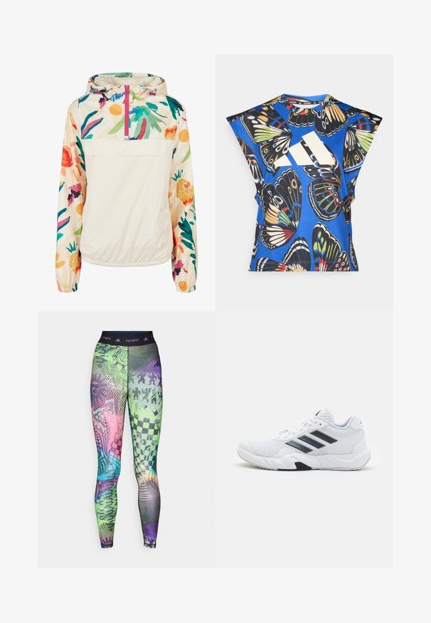 Leichter, cremefarbener Pullover-Jacke mit einem blumigen Muster in lebendigen Farben. Verfügt über einen Frontreißverschluss, eine Kapuze und elastische Bündchen für einen sicheren Sitz.; Blaues Kurzarmhemd mit lebhaftem Schmetterlingsdruck in verschiedenen Farben, einem großen weißen Logo auf der Vorderseite und einem runden Halsausschnitt.; Bunte Leggings mit einer Vielzahl von Mustern in Grün, Pink und Blau, einem schwarzen Bund mit der Aufschrift "TECHFIT" und verschiedenen grafischen Designs.; Weißer Sportschuh mit Mesh-Obermaterial, drei schwarzen Streifen an der Seite, strukturierten Akzenten und einer robusten Gummisohle mit einem kontrastierenden schwarzen Bereich.